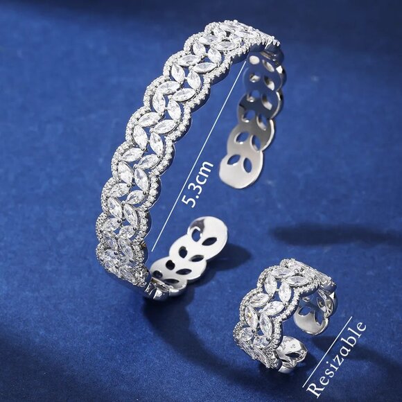 Rhodium or Gold-plated lab-created Marquise Diamond Cuff Bracelet - Picture 2 of 5